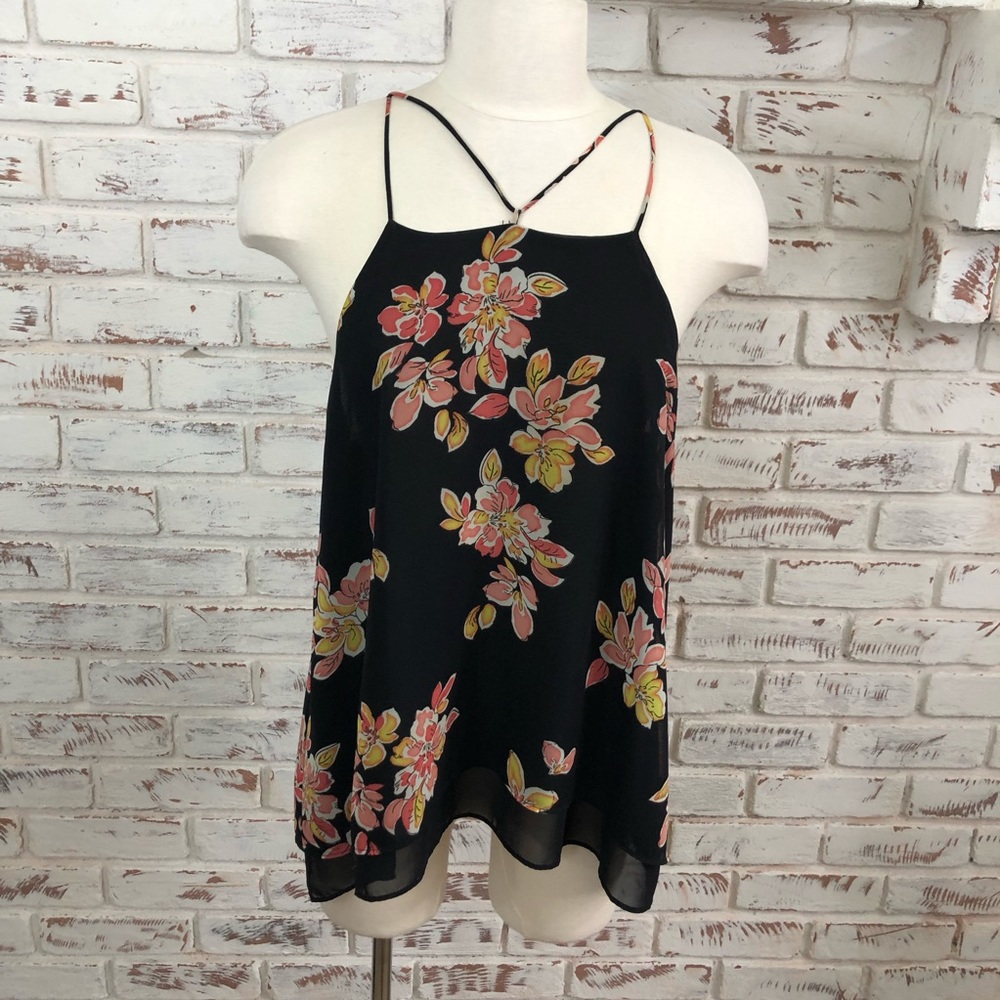 Siena Sky Strappy Floral Tank L Black Brown